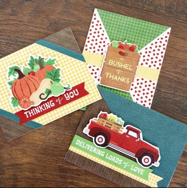 Three completed cards with sayings such as "Loads of Love", "Bushel of Thanks", and "Thinking of You".