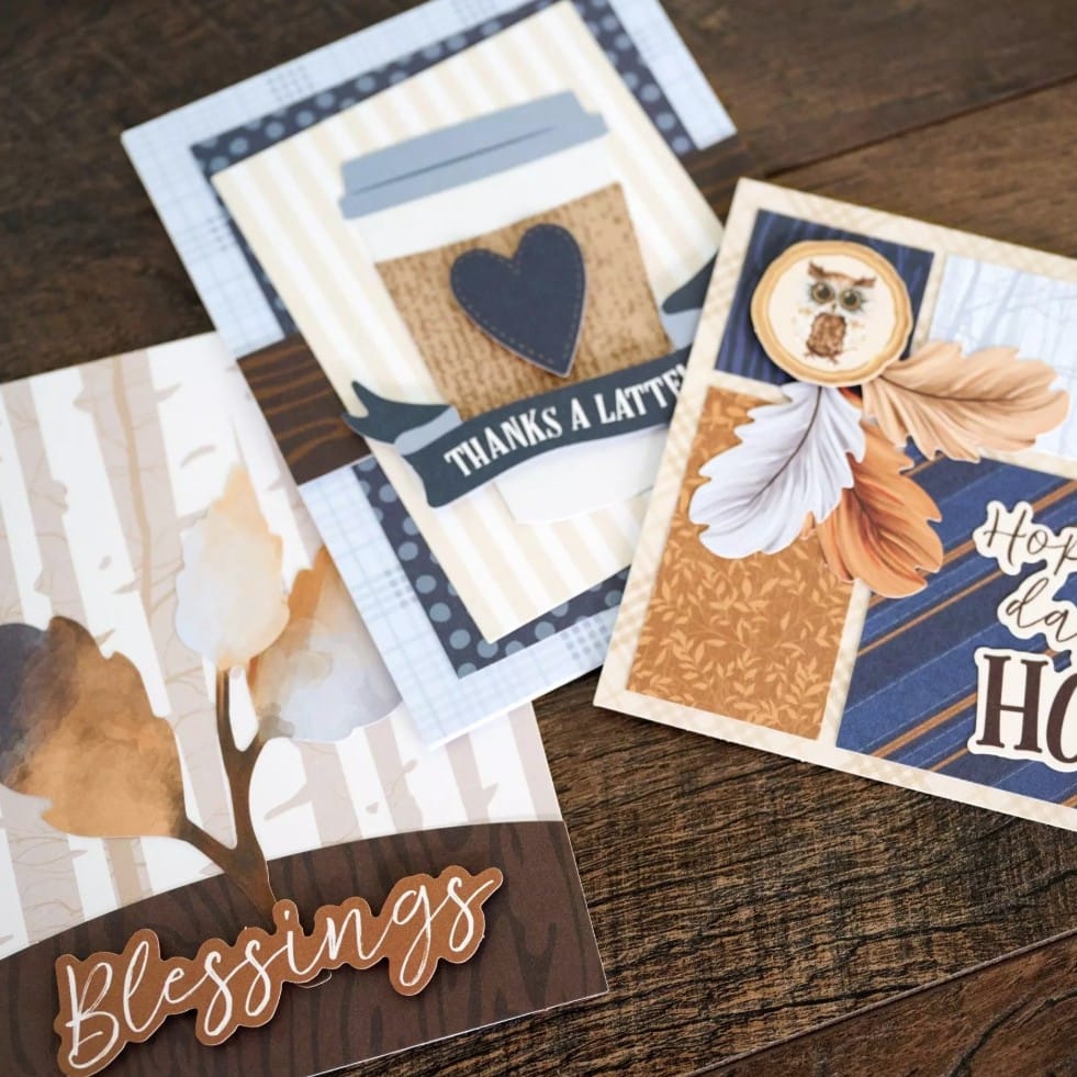 Three completed cards from the Creative Memories Croptoberfest 2023 Card Kit with sayings "Blessings", "Thanks a latte", and "Hope your day was a hoot".
