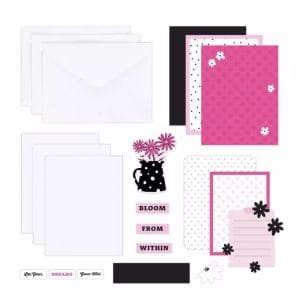 Contents of the Creative Memories Pink Power Trio Card Kit includes white card bases, envelopes, and women and girls-themed embellishments in pink, black and red