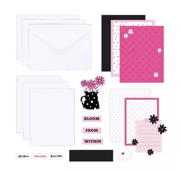 Contents of the Creative Memories Pink Power Trio Card Kit includes white card bases, envelopes, and women and girls-themed embellishments in pink, black and red