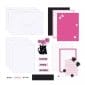 Contents of the Creative Memories Pink Power Trio Card Kit includes white card bases, envelopes, and women and girls-themed embellishments in pink, black and red