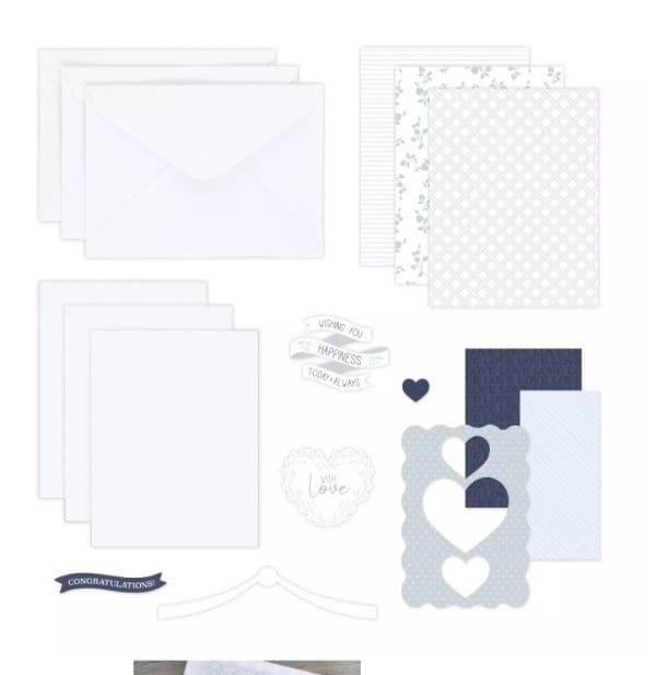 Contents of the Creative Memories Something Blue Card Kit with love- and wedding-themed sayings such as Congratulations, Wishing You Happiness, and With Love.