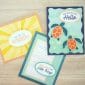 Three completed cards from the Creative Memories Sun-Soaked card kit with sayings such as "Just wanted to say hello", "You are my Sunshine", and "Enjoy the Little Things".