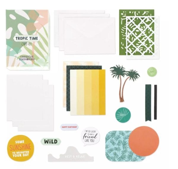 Contents of the Creative Memories Tropic Time Card Kit including envelopes, card bases and precut pieces and phrases such as "Have a Wild Birthday"